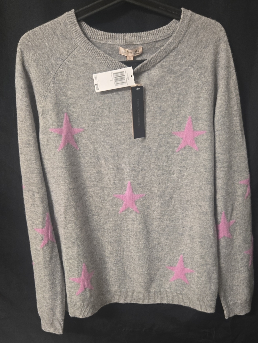 NWT Philosophy 100% Cashmere Light Gray Crewneck Sweater with Pink Star Motif